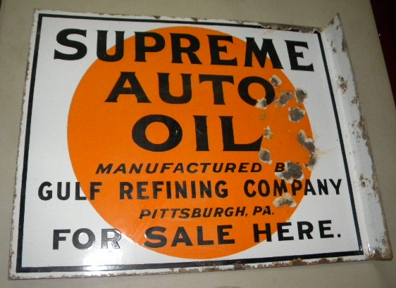 $OLD Gulf Refining Supreme Auto Oil Double Sided Porcelain Flange Sign