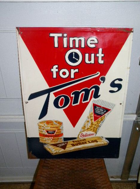 Original Toms Embossed Tin Advertising Sign $OLD