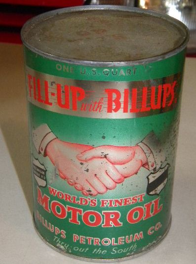 $OLD Billups Full Metal Quart with Hands Graphic Fill up with Billups