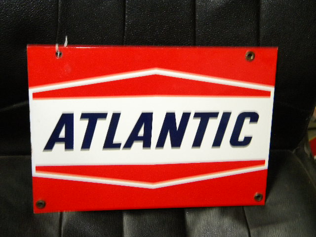 $OLD Nice Original Atlantic Porcelain Gas Pump Sign