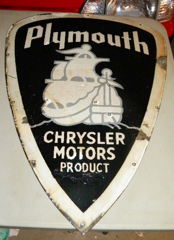 $OLD Early Plymouth Diecut Porcelain Sign w/ Mayflower Graphics Neon?