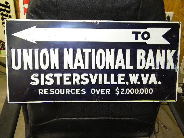 $OLD National Bank Emb Tin Tacker Sign w/ Arrow Sistersville,WVA