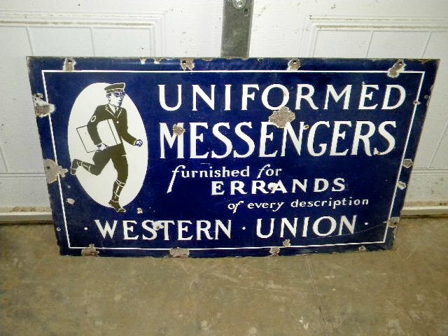 $OLD Western Union Uniformed Messenger DSP w/ Graphics Bicycle Rack Sign