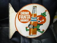 $OLD Drink Fanta Orange DST Tin Flange Sign w/ Orange Guy Bottle