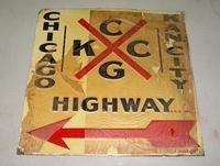 Early Embossed Tin Highway Route Marker Sign Kansans City to Chicago NOS